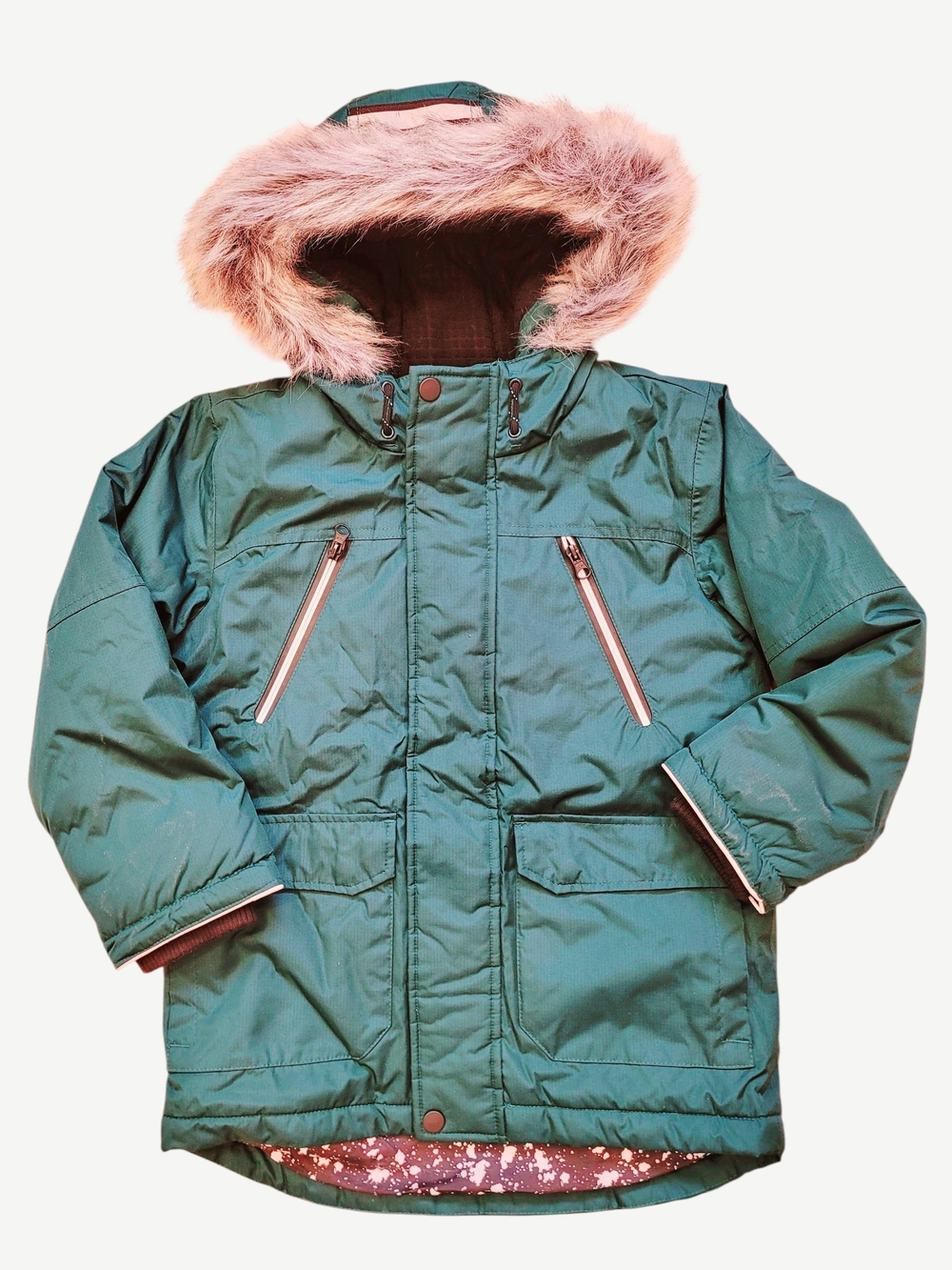 Kids Teal Hooded Puffer Jacket with Faux Fur Trim 7-8y